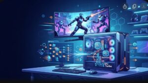 Современная иллюстрация с элементами компьютерного железа и интерфейсом Windows для оптимизации FPS в играх